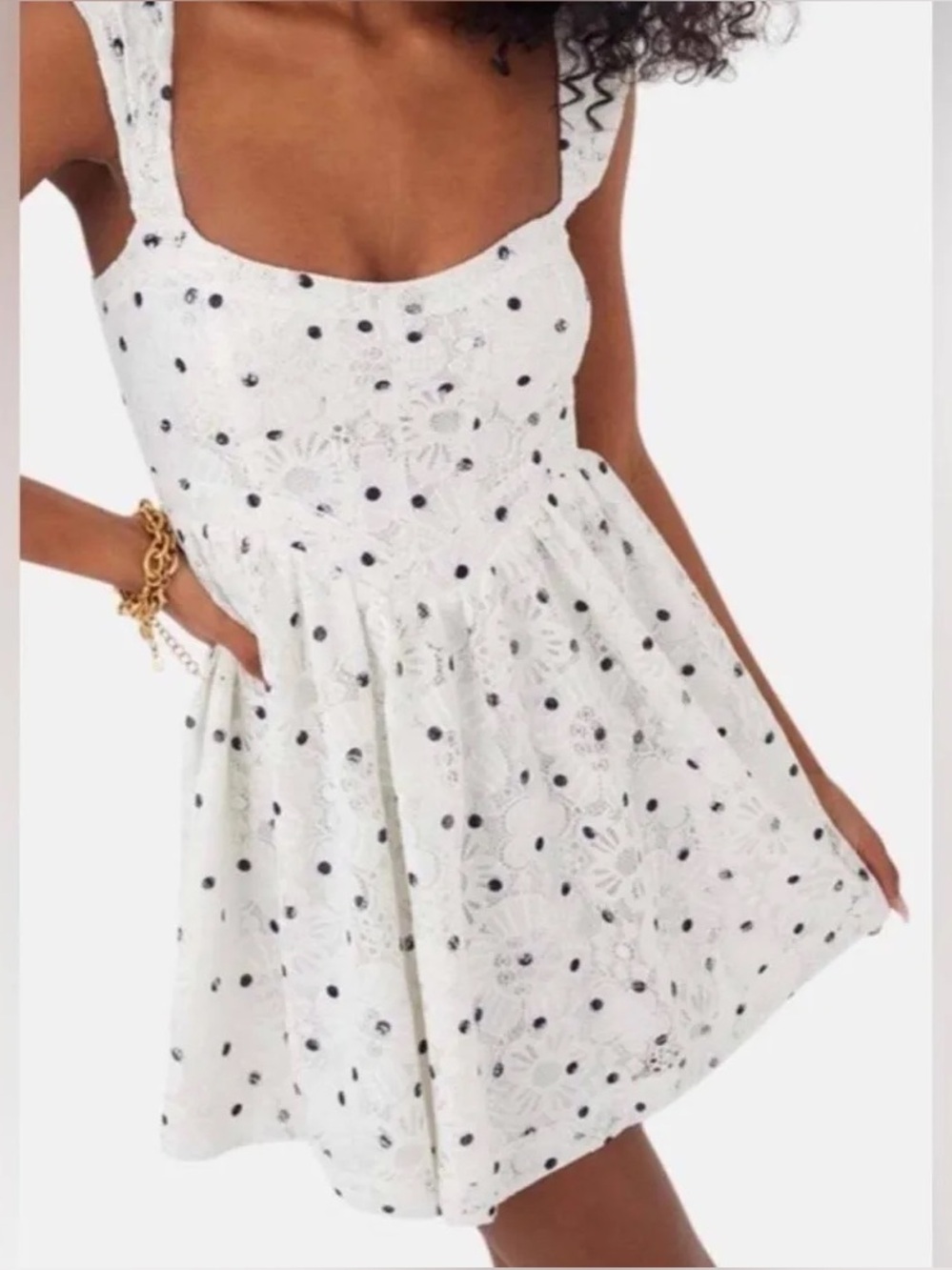 For Love & Lemons White Eyelet Mini Dress with Black Polka Dots